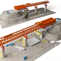 Construction Scene Components Including Orange Crane Bridge Pier And Construction Vehicles 3d model