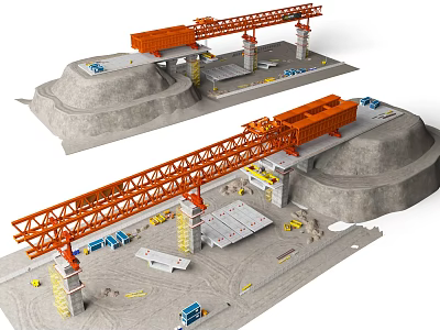 Construction Scene Components Including Orange Crane Bridge Pier And Construction Vehicles 3d model
