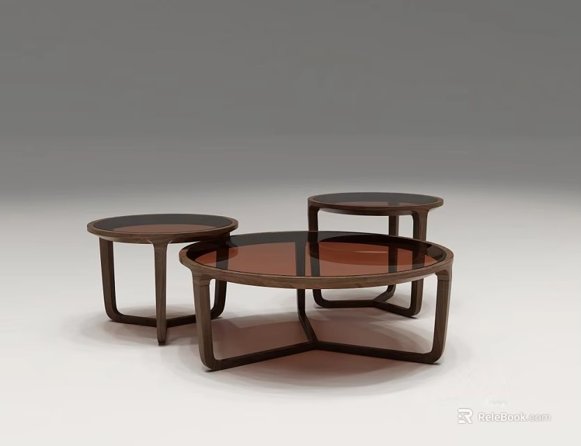 Modern Three Piece Coffee Table Set With Wooden Frames And Glass Tops 3d model