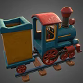 Cute Colorful Toy Train With Blue Body Red Chimney And Yellow Details On Wooden Track 3d model
