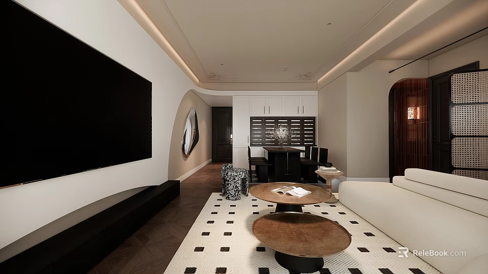 Modern Living Dining Room Interior With Sofa Coffee Table TV Wall And Dining Table 3d model 