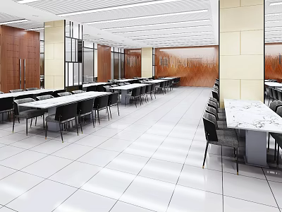 Bright Modern Restaurant Interior With Long Dining Tables Black Chairs And White Tile Floors 3d model