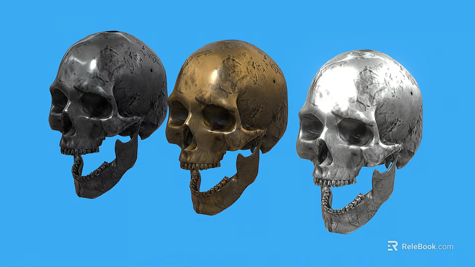 Three Black Gold And Silver Metallic Skulls Displayed On Blue Background 3d model