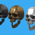 Three Black Gold And Silver Metallic Skulls Displayed On Blue Background 3d model