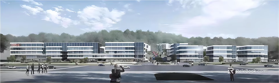 Modern Office Building Complex Featuring Glass Curtain Walls Green Trees Open Square And Pedestrians 3d model 