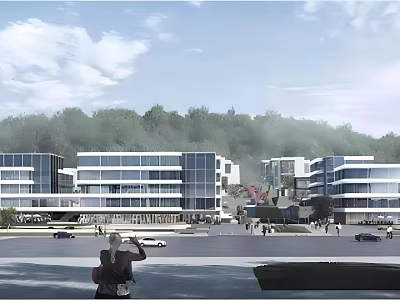 Modern Office Building Complex Featuring Glass Curtain Walls Green Trees Open Square And Pedestrians 3d model