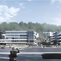 Modern Office Building Complex Featuring Glass Curtain Walls Green Trees Open Square And Pedestrians