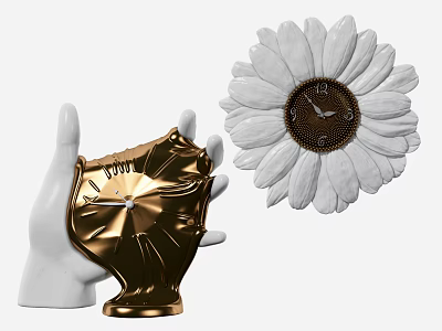 Decorative Golden Abstract Clock In Hand And White Flower Shaped Clock With Petals 3d model