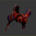 Woman in red and blue armor holding weapon in full body pose against gray background