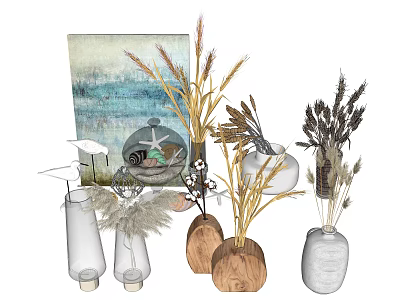 Wooden and Glass Vases with Dried Flowers Sea Grass and Seashells Near Decorative Painting 3d model