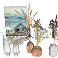 Wooden and Glass Vases with Dried Flowers Sea Grass and Seashells Near Decorative Painting