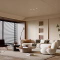 Modern Elegant Living Room with Beige Sofa Round Coffee Table Floor Lamp and Window Blinds