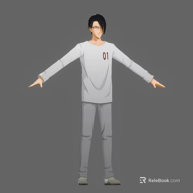 Man In White Long Sleeve Shirt With 01 And Gray Pants Arms Outstretched Gray Background 3d model 