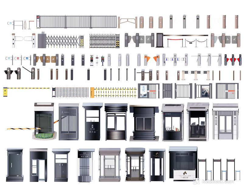 Modern Architectural Components Including Metal Gates Railings Fences And Security Booths 3d model 