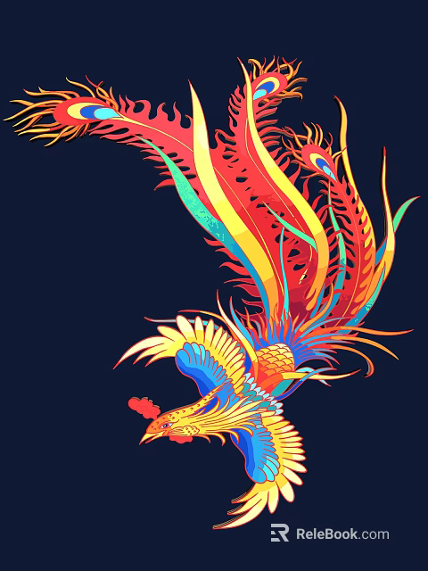 Colorful Phoenix With Vibrant Red Yellow Blue Green Feathers Spreading Wings On Black Background 3d model 