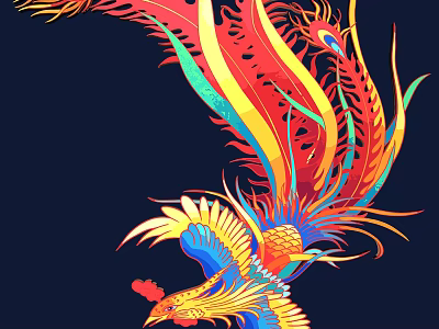Colorful Phoenix With Vibrant Red Yellow Blue Green Feathers Spreading Wings On Black Background 3d model