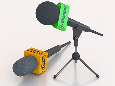 Entertainment Electronics Microphones With Tripod Stand Green Channel 1 And Yellow SPORTS Labels 3d model