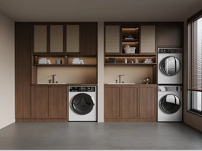 Modern Laundry Room With Wooden Cabinets Washing Machine Dryer And Open Shelves 3d model