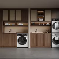 Modern Laundry Room With Wooden Cabinets Washing Machine Dryer And Open Shelves