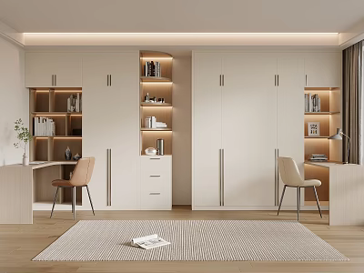 Modern Built in Wardrobe Bedroom Interior With Bookshelves Desk Chair And Rug 3d model