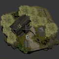 Cartoon Scene With Cozy Cottage Pine Trees Rocky Ground And Gravel Path