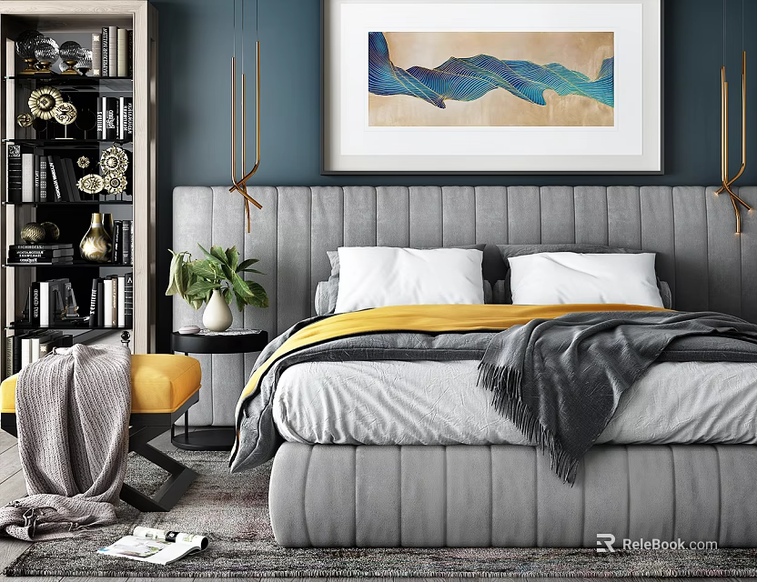 Modern Elegant Bedroom Interior With Grey Upholstered Headboard Yellow White Pillows And Gold Wall Sconces 3d model 
