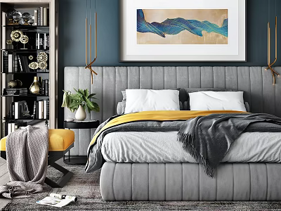 Modern Elegant Bedroom Interior With Grey Upholstered Headboard Yellow White Pillows And Gold Wall Sconces 3d model