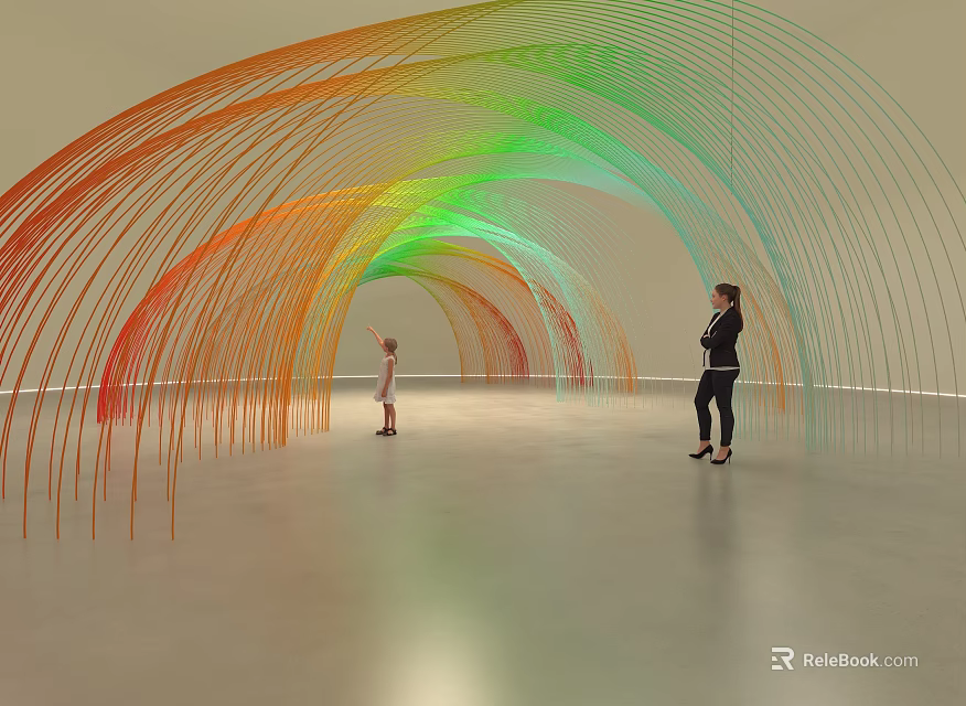 Colorful tunnel-like art installation with curved lines in exhibition hall featuring child and adult 3d model 