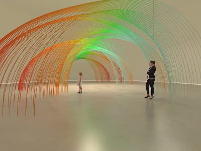 Colorful tunnel-like art installation with curved lines in exhibition hall featuring child and adult 3d model