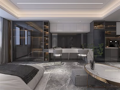 Modern Apartment Interior Design With Open Layout Bedroom Living Room Bookshelves And Plants 3d model