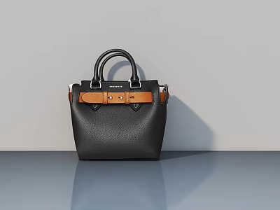 Stylish Black Leather Handbag With Brown Accent Strap And Metal Hardware Details 3d model