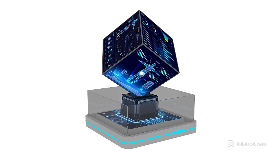 Futuristic Holographic Cube Photo Spot with Illuminated Base and Digital Interface 3d model 