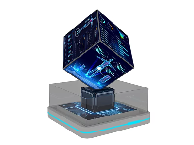 Futuristic Holographic Cube Photo Spot with Illuminated Base and Digital Interface 3d model
