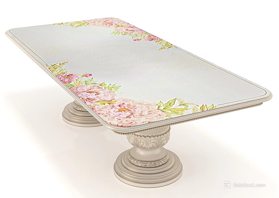 Decorative Floral Dining Table With Pink Flowers Green Leaves And Carved White Pedestal Base 3d model 