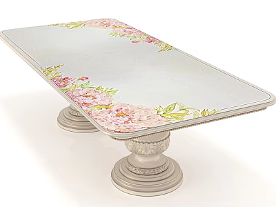 Decorative Floral Dining Table With Pink Flowers Green Leaves And Carved White Pedestal Base 3d model