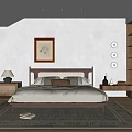 Cozy Bedroom Interior With Wooden Bed Framed Picture Rug And Nightstand Lamp