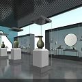 Museum Exhibition Hall With Ceramic Vases Glass Cases And White Pedestals