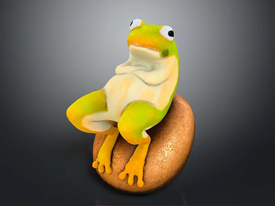 Vibrant 3D Green Frog Character Sitting On Brown Rock With Yellow Feet 3d model