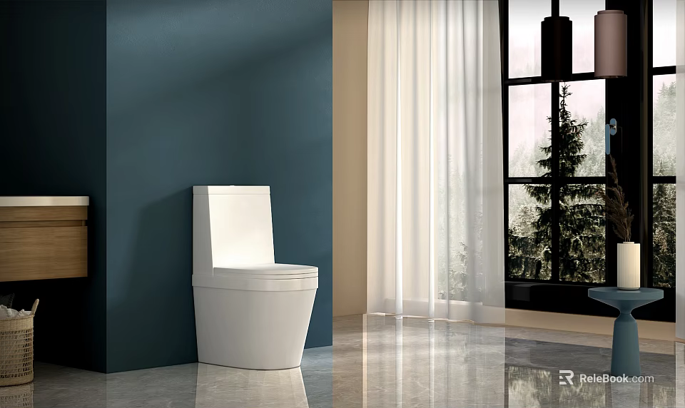 Modern White Toilet In Bathroom With Deep Blue Wall White Curtains And Marble Floor 3d model 