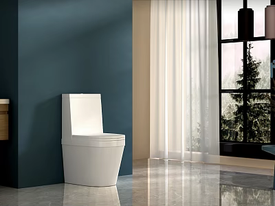 Modern White Toilet In Bathroom With Deep Blue Wall White Curtains And Marble Floor 3d model