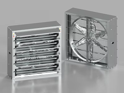 Two Types of Industrial Metal Air Conditioning Fans With Ventilation Slats And Protective Grill 3d model