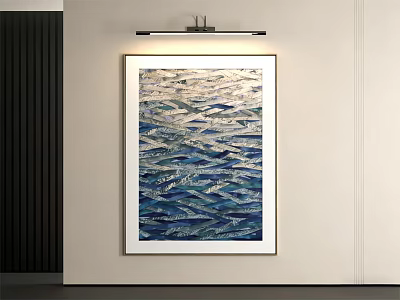 Blue And White Abstract Wave Painting In White Frame On Light Wall With Black Stripes 3d model
