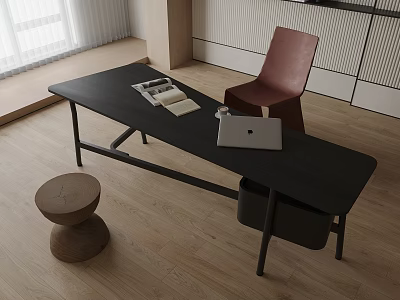 Stylish Black Desk Featuring Laptop Books Red Chair And Wooden Stool On Wooden Floor 3d model