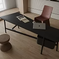 Stylish Black Desk Featuring Laptop Books Red Chair And Wooden Stool On Wooden Floor