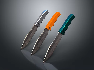 Three Modern Tactical Weapons With Silver Orange Green Handles And Serrated Sharp Blades 3d model