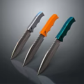 Three Modern Tactical Weapons With Silver Orange Green Handles And Serrated Sharp Blades 3d model