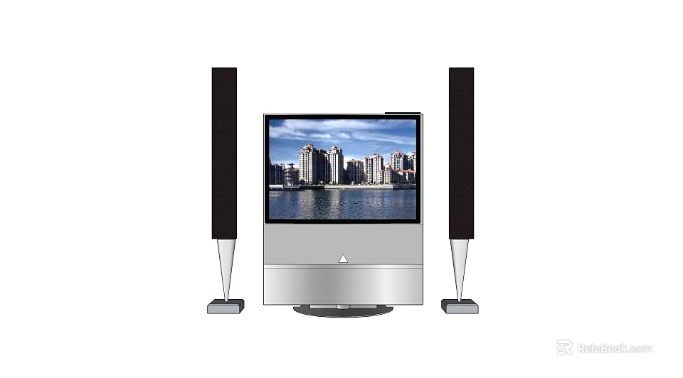 Modern Television with Two Black Speakers and Cityscape Water View on Silver Base 3d model 