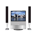 Modern Television with Two Black Speakers and Cityscape Water View on Silver Base