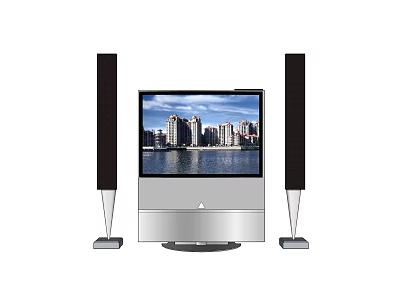 Modern Television with Two Black Speakers and Cityscape Water View on Silver Base 3d model