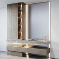 Modern Wooden Bathroom Vanity With Marble Countertop Recessed Lighting Gold Faucet And Large Mirror